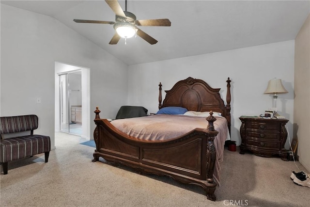 13935 Rincon Rd, Apple Valley, CA 92307 - carpeted bedroom featuring vaulted ceiling, ceiling fan, and ensuite bathroom