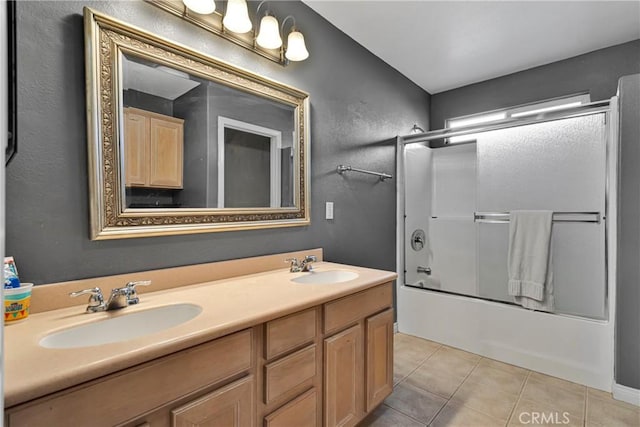 13935 Rincon Rd, Apple Valley, CA 92307 - bathroom with tile patterned flooring, enclosed tub / shower combo, and double vanity