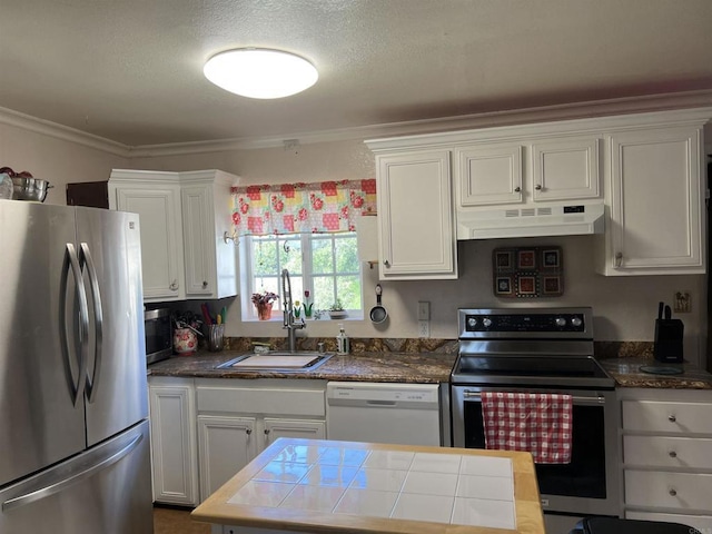 2466 Lupine Dr, Campo, CA 91906 - kitchen featuring appliances with stainless steel finishes, under cabinet range hood, a sink, crown molding, and white cabinets