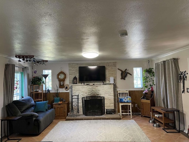 2466 Lupine Dr, Campo, CA 91906 - living area with plenty of natural light, ornamental molding, tile patterned floors, a textured ceiling, and a stone fireplace