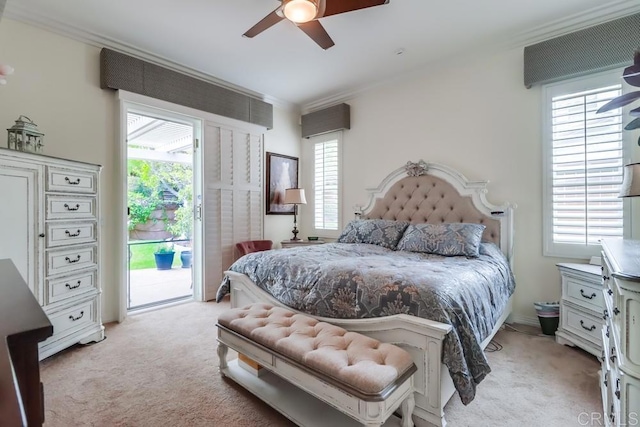 bedroom with light carpet, access to exterior, ornamental molding, and ceiling fan