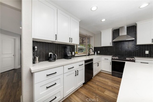 35602 Carter St, Yucaipa, CA 92399 - kitchen featuring wall chimney exhaust hood, stainless steel electric range oven, dishwasher, decorative backsplash, and light countertops