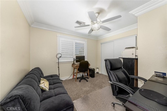 35602 Carter St, Yucaipa, CA 92399 - carpeted home office with crown molding, a ceiling fan, and baseboards