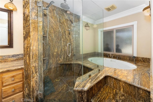 35602 Carter St, Yucaipa, CA 92399 - bathroom featuring a marble finish shower, a bath, and crown molding