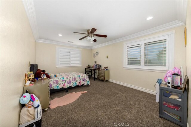35602 Carter St, Yucaipa, CA 92399 - carpeted bedroom with ornamental molding, baseboards, recessed lighting, and a ceiling fan