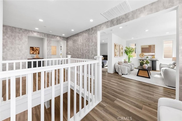 27 Alessio, Lake Forest, CA 92630 - hall with recessed lighting, wood finished floors, and wallpapered walls