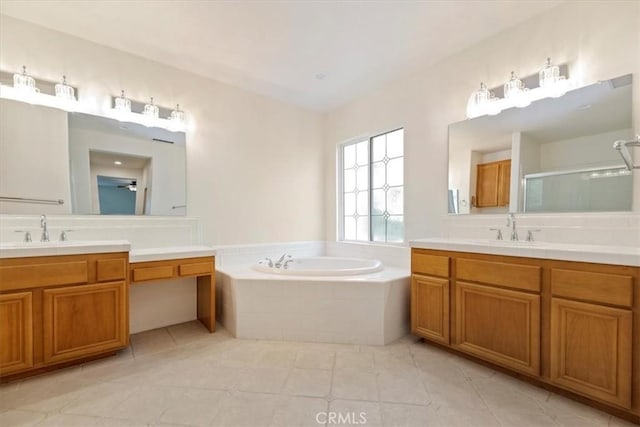 975 Manor Way, Corona, CA 92882 - full bathroom with a bath, a shower stall, two vanities, and tile patterned floors