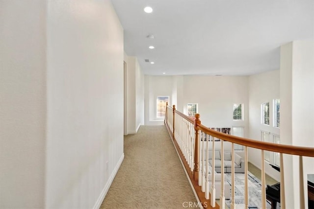 975 Manor Way, Corona, CA 92882 - corridor featuring an upstairs landing, light carpet, recessed lighting, and baseboards