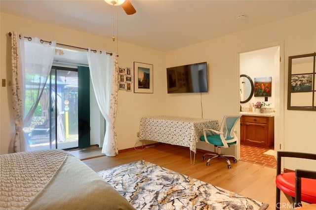 44800 Ahwahnee Acres Rd, Ahwahnee, CA 93601 - bedroom featuring access to exterior, ensuite bathroom, light wood finished floors, and a ceiling fan