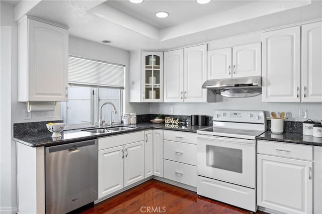 20815 E Rocky Point Ln, Walnut, CA 91789 - kitchen with dishwasher, electric stove, a sink, under cabinet range hood, and glass insert cabinets