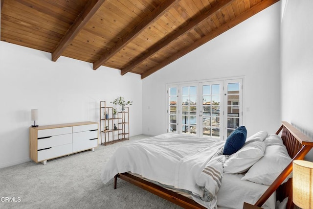 3960 W Hemlock St, Oxnard, CA 93035 - bedroom featuring wooden ceiling, light colored carpet, beamed ceiling, high vaulted ceiling, and a water view