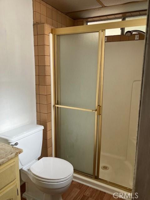 9656 Green Verdugo Dr, Shadow Hills, CA 91040 - full bathroom featuring a shower stall, vanity, toilet, and wood finished floors