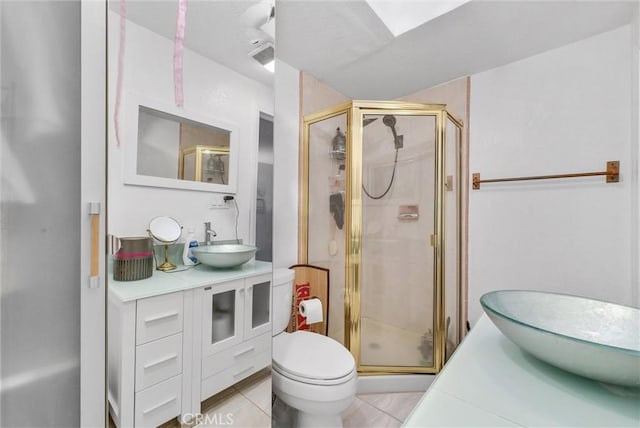 32490 Scandia Dr, Running Springs, CA 92382 - full bathroom featuring a stall shower, vanity, tile patterned floors, and toilet
