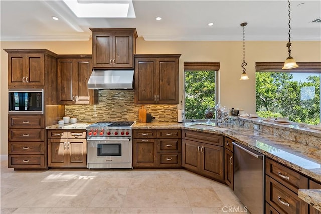 2815 Rock Wren Ln, Avila Beach, CA 93424 - kitchen with appliances with stainless steel finishes, a sink, under cabinet range hood, a skylight, and decorative light fixtures