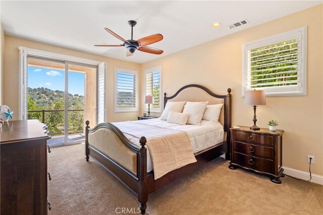 2815 Rock Wren Ln, Avila Beach, CA 93424 - bedroom with access to exterior, light carpet, baseboards, and ceiling fan