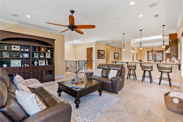 2815 Rock Wren Ln, Avila Beach, CA 93424 - living room featuring ceiling fan, recessed lighting, ornamental molding, and baseboards