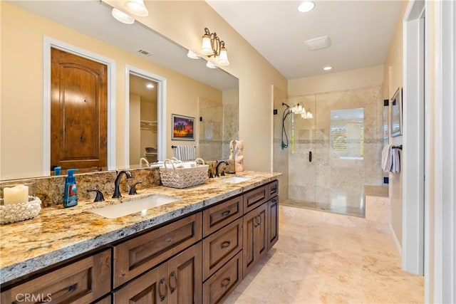 2815 Rock Wren Ln, Avila Beach, CA 93424 - bathroom featuring a stall shower, double vanity, recessed lighting, and a spacious closet