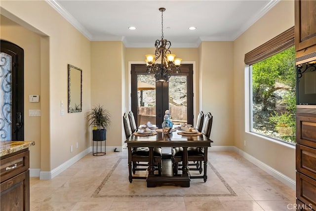 2815 Rock Wren Ln, Avila Beach, CA 93424 - dining area featuring baseboards, inlaid floor details, recessed lighting, a chandelier, and crown molding