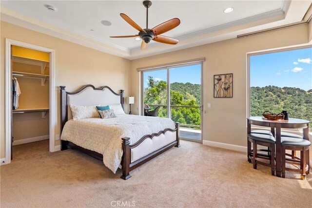 2815 Rock Wren Ln, Avila Beach, CA 93424 - bedroom with a raised ceiling, light carpet, access to exterior, baseboards, and recessed lighting