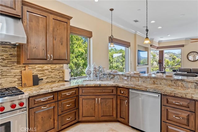 2815 Rock Wren Ln, Avila Beach, CA 93424 - kitchen featuring appliances with stainless steel finishes, a sink, backsplash, wall chimney range hood, and light stone countertops
