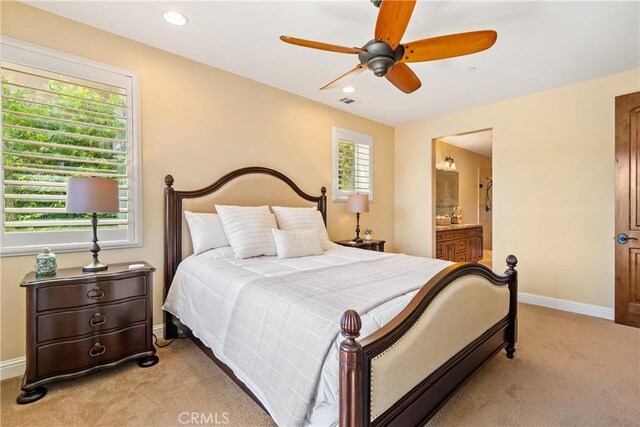2815 Rock Wren Ln, Avila Beach, CA 93424 - bedroom featuring light colored carpet, baseboards, connected bathroom, recessed lighting, and a ceiling fan