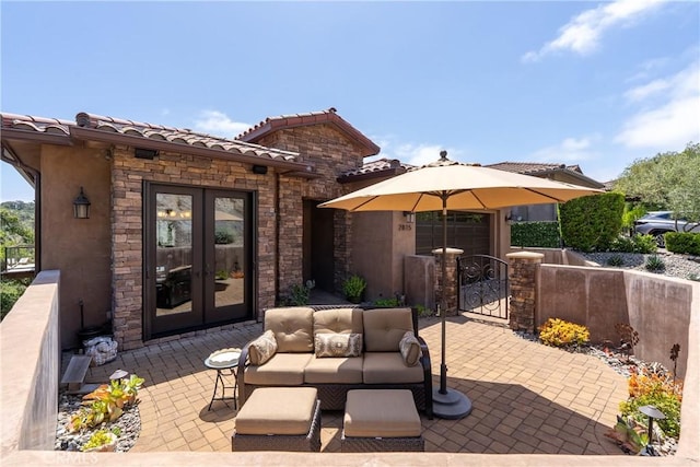 2815 Rock Wren Ln, Avila Beach, CA 93424 - view of patio featuring french doors, a gate, fence, and outdoor lounge area