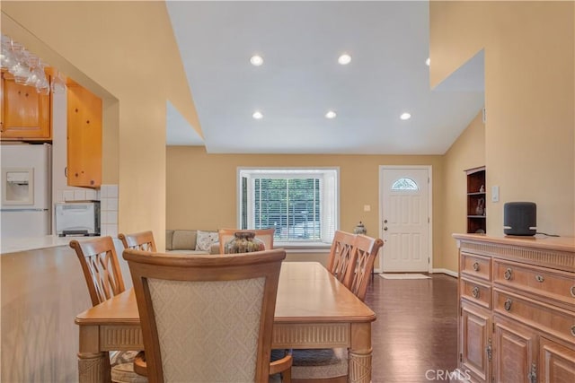 22532 Dolorosa St, Woodland Hills, CA 91367 - dining room featuring recessed lighting, dark wood-type flooring, vaulted ceiling, and baseboards