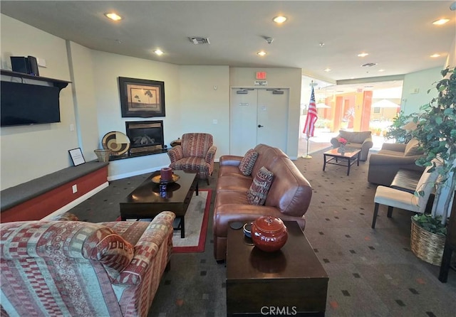 2742 Cabrillo Ave Unit 201, Torrance, CA 90501 - carpeted living area with a glass covered fireplace and recessed lighting