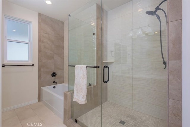 38550 Crossover Rd, Temecula, CA 92592 - bathroom featuring tile patterned flooring, a shower stall, baseboards, a bath, and recessed lighting