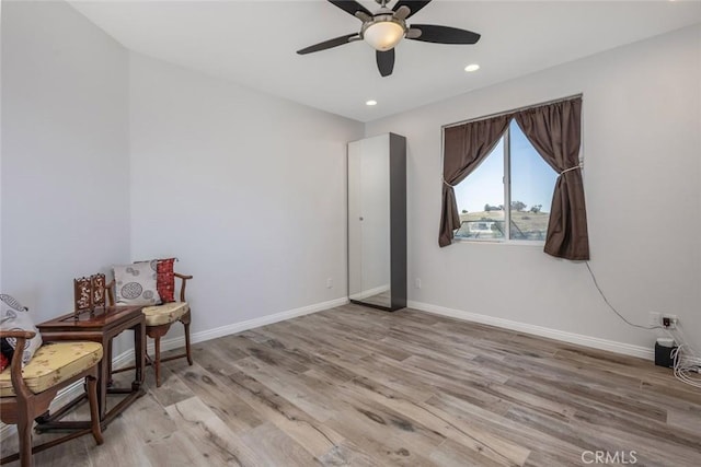 38550 Crossover Rd, Temecula, CA 92592 - sitting room featuring a ceiling fan, light wood-style floors, baseboards, and recessed lighting