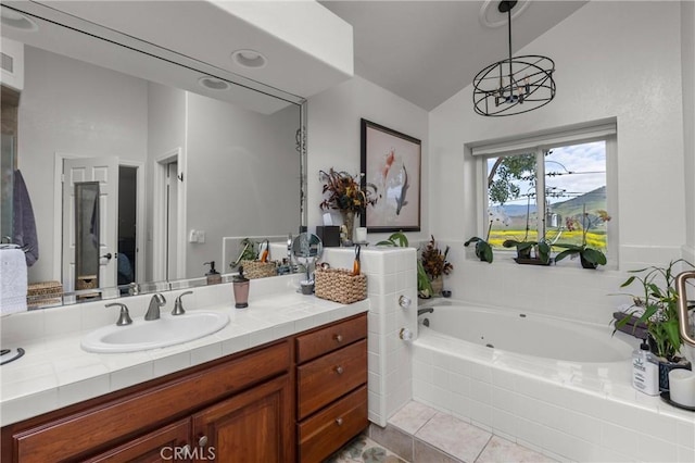 744 Clearview Ln, San Luis Obispo, CA 93405 - full bathroom with lofted ceiling, a whirlpool tub, vanity, tile patterned flooring, and a chandelier