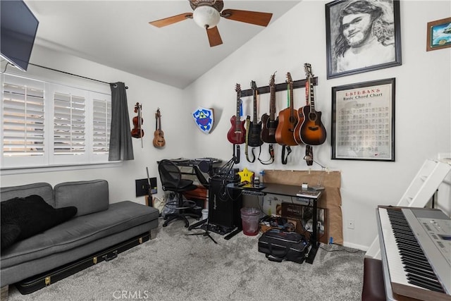 744 Clearview Ln, San Luis Obispo, CA 93405 - carpeted home office with ceiling fan, lofted ceiling, and baseboards