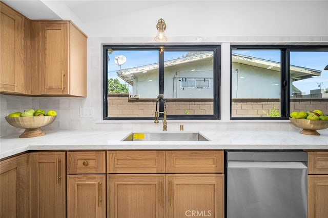 16009 Jalon Rd, La Mirada, CA 90638 - kitchen featuring dishwasher, a sink, tasteful backsplash, and brown cabinets