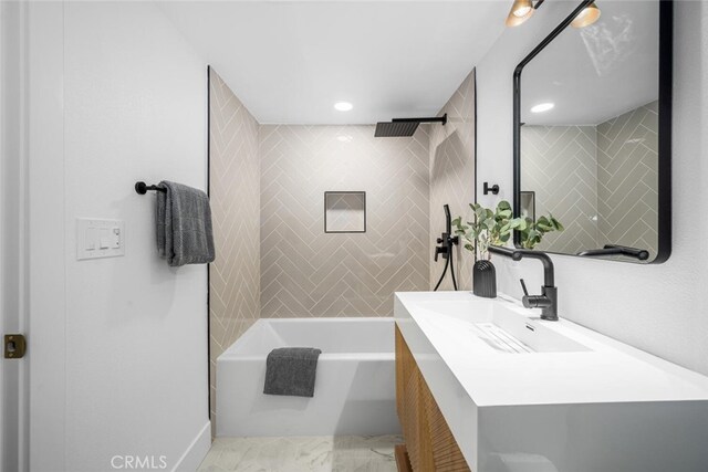 16009 Jalon Rd, La Mirada, CA 90638 - full bath with marble finish floors, vanity, recessed lighting, and shower / tub combination