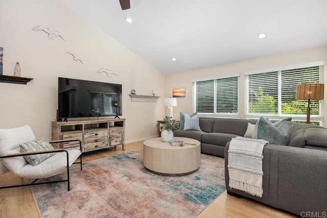 1715 Kennington Rd, Encinitas, CA 92024 - living room featuring vaulted ceiling, wood finished floors, a ceiling fan, recessed lighting, and baseboards