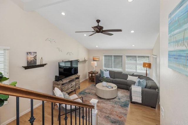 1715 Kennington Rd, Encinitas, CA 92024 - living area with ceiling fan, wood finished floors, lofted ceiling, recessed lighting, and baseboards