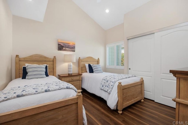 1715 Kennington Rd, Encinitas, CA 92024 - bedroom featuring dark wood-style floors, a closet, recessed lighting, and high vaulted ceiling