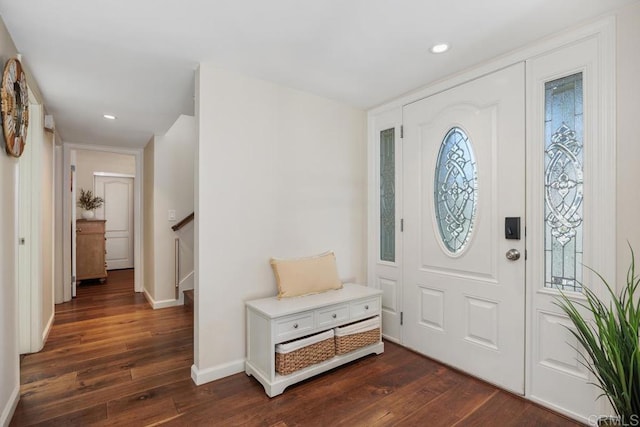 1715 Kennington Rd, Encinitas, CA 92024 - foyer with dark wood-type flooring, baseboards, recessed lighting, and stairs