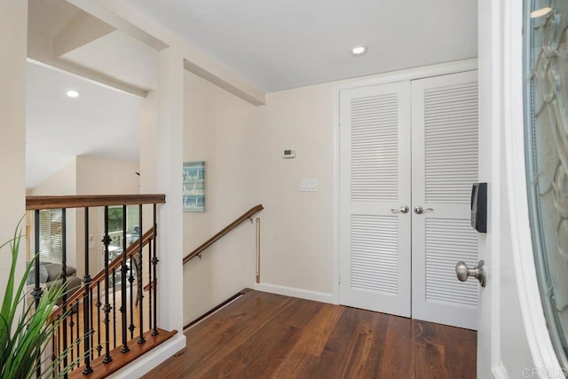 1715 Kennington Rd, Encinitas, CA 92024 - corridor with an upstairs landing, dark wood-type flooring, baseboards, and recessed lighting