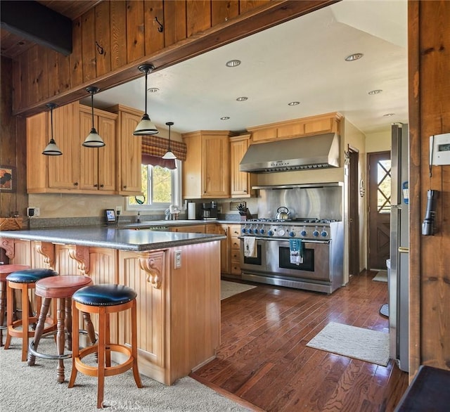 383 Golf Course Rd, Lake Arrowhead, CA 92352 - kitchen featuring range with two ovens, range hood, dark wood finished floors, a peninsula, and pendant lighting