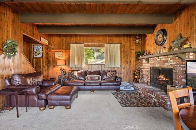 383 Golf Course Rd, Lake Arrowhead, CA 92352 - living area with carpet floors, beam ceiling, wood walls, a fireplace, and wood ceiling