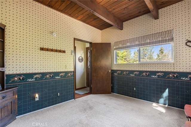 383 Golf Course Rd, Lake Arrowhead, CA 92352 - carpeted empty room featuring wallpapered walls, wood ceiling, beamed ceiling, and wainscoting
