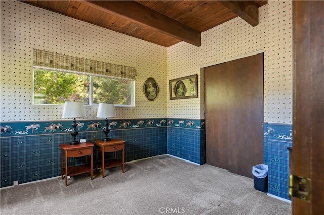 383 Golf Course Rd, Lake Arrowhead, CA 92352 - carpeted office space with wallpapered walls, wainscoting, wood ceiling, and beam ceiling