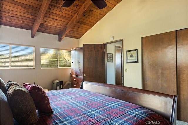 383 Golf Course Rd, Lake Arrowhead, CA 92352 - bedroom featuring wood ceiling, a closet, and ceiling fan