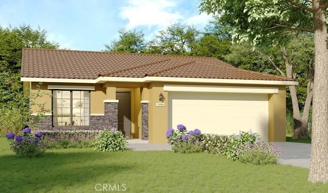 287 Dylan St, Merced, CA 95341 - view of front facade featuring stucco siding, an attached garage, concrete driveway, and stone siding