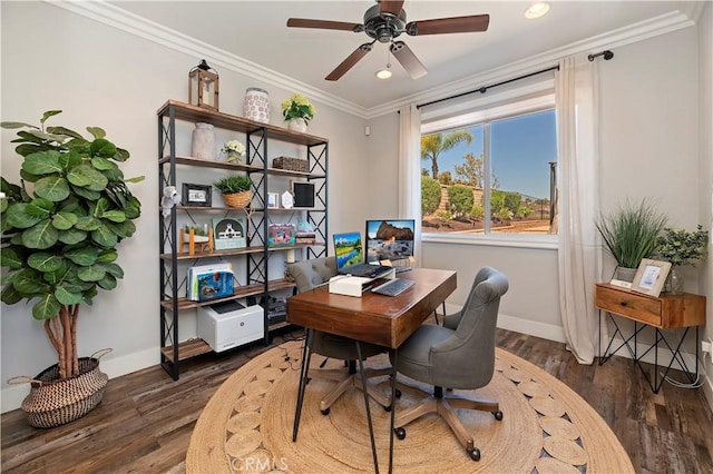 1663 Spyglass Dr, Corona, CA 92883 - office space featuring baseboards, ornamental molding, ceiling fan, wood finished floors, and recessed lighting