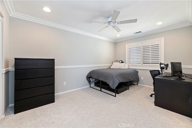 1663 Spyglass Dr, Corona, CA 92883 - bedroom featuring an office area, carpet flooring, baseboards, ornamental molding, and recessed lighting