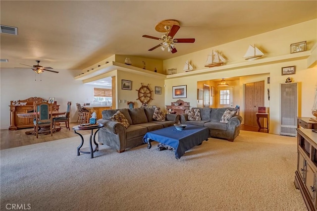 5030 Creek Front Rd, Catheys Valley, CA 95306 - carpeted living area featuring a ceiling fan and plenty of natural light