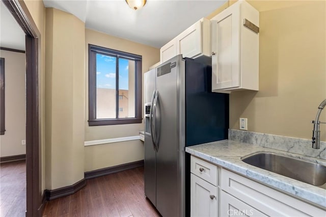315 W 3rd St Unit 311, Long Beach, CA 90802 - kitchen with a sink, stainless steel refrigerator with ice dispenser, dark wood-type flooring, and white cabinets