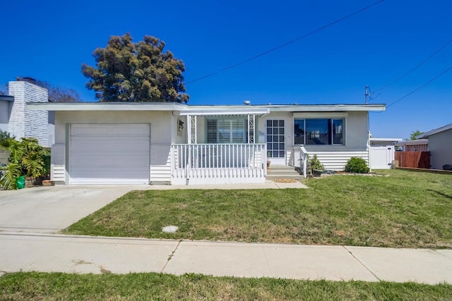 ranch-style house featuring an attached garage, concrete driveway, a porch, and stucco siding